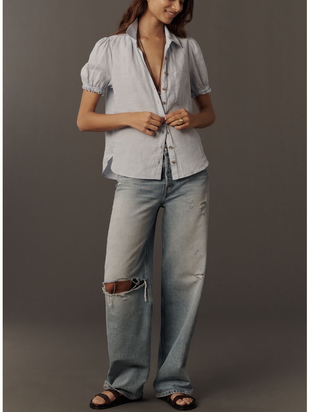 Pilcro Aly 100% Linen Puff Sleeve Blouse - Picture 2 of 9